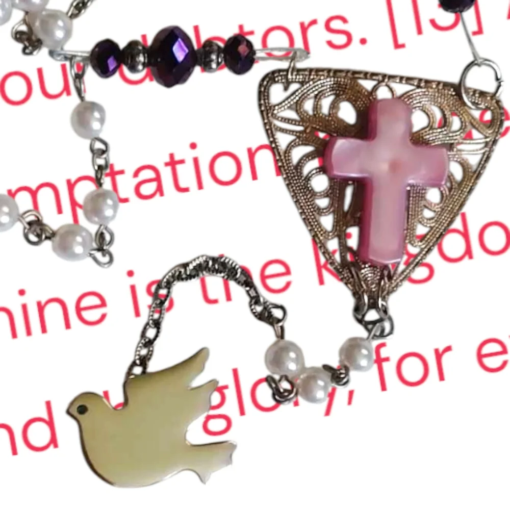Pink and White Rosary Bookmark with Silver Tone Dove Charm Handmade